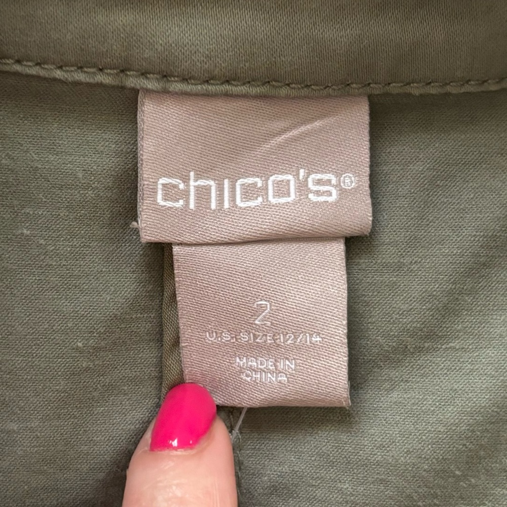 NWT Chico’s Elongated Sateen Utility Jacket Olive Green Military Safari Field - Picture 8 of 12